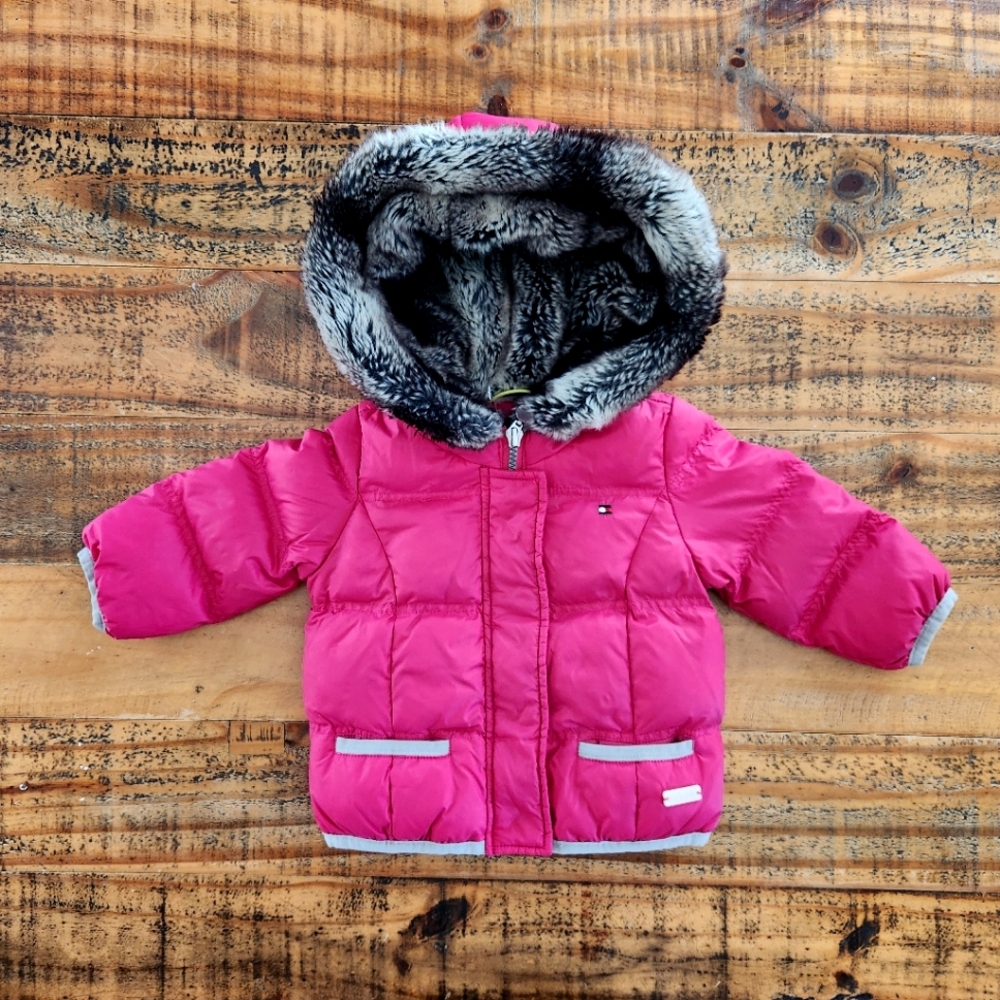 Tommy Hilfiger Bright Pink Puffer Coat with Faux Fur Hood